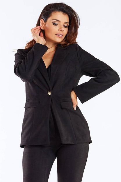 Elegant Women's Awama Jacket With Shawl Collar And Golden Button - Close-up view of the model wearing the stylish black jacket, emphasizing the refined shawl collar and decorative golden button.