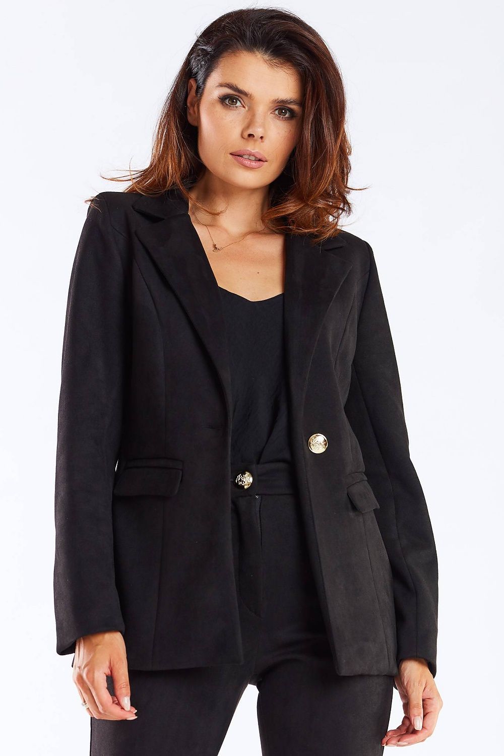 Elegant Women's Awama Jacket with Shawl Collar and Golden Button, showcasing a sophisticated silhouette in a black colour, modelled by a confident woman.