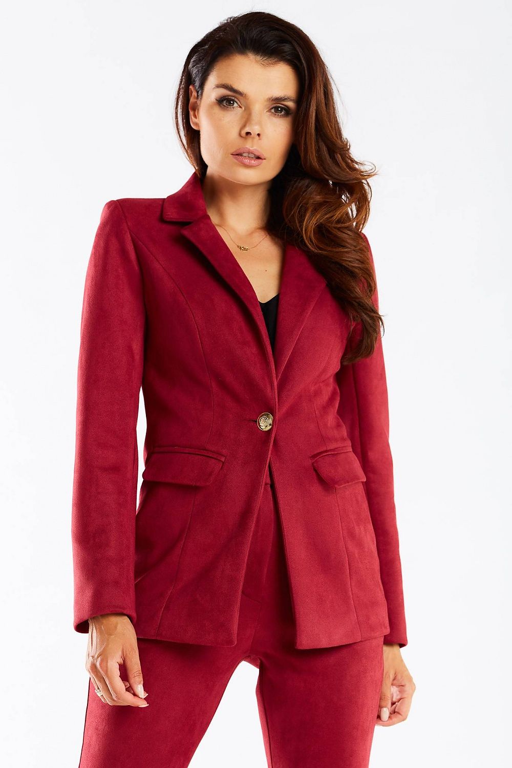 Elegant Women's Awama Jacket with Shawl Collar and Golden Button, presented in a luxurious red hue, exuding elegance and confidence on a female model.