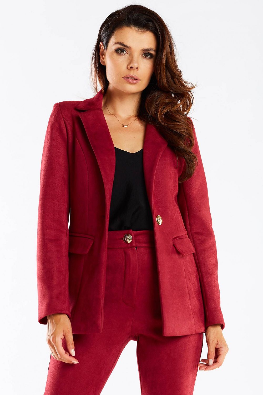 Elegant Women's Awama Jacket with Shawl Collar and Golden Button in a striking red shade, perfectly suited for sophisticated occasions, worn by a poised model.