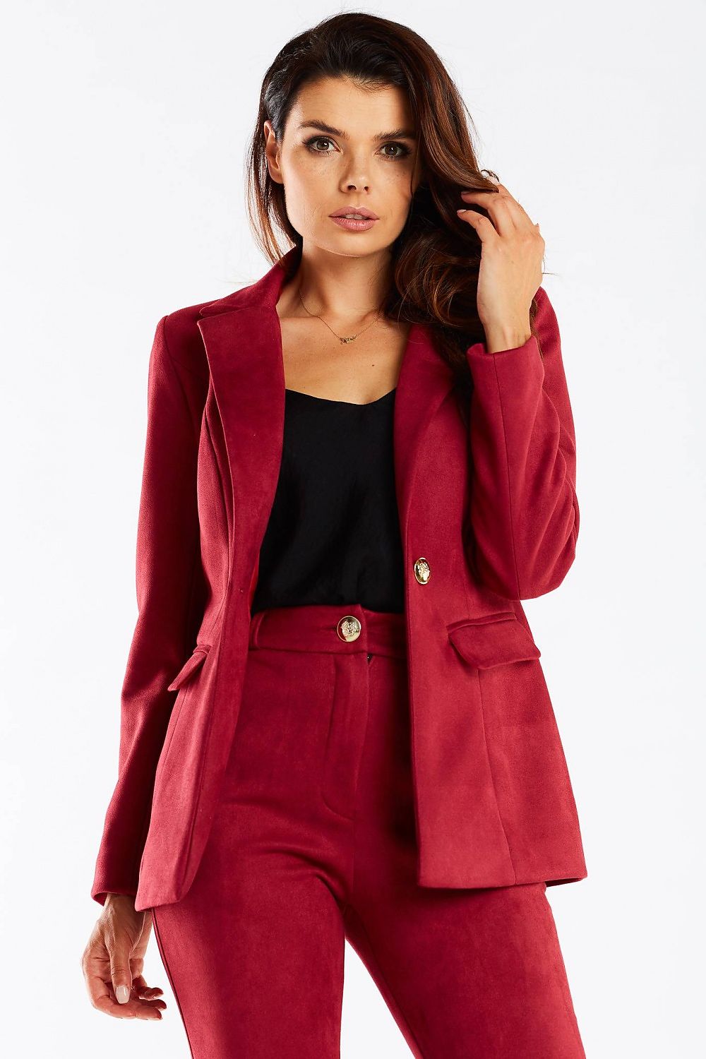 Elegant Women's Awama Jacket With Shawl Collar And Golden Button - Model showcasing the rich red jacket styled with matching trousers, perfect for sophisticated occasions.