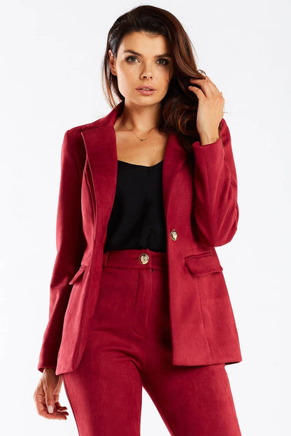 Elegant Women's Awama Jacket With Shawl Collar And Golden Button - Model showcasing the rich red jacket styled with matching trousers, perfect for sophisticated occasions.