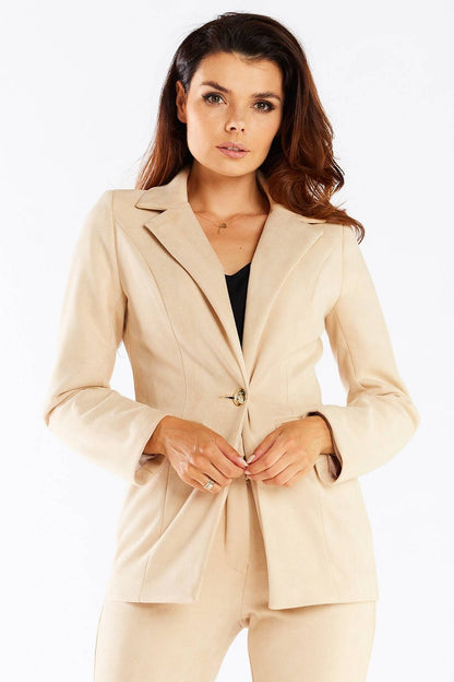 Elegant Women's Awama Jacket With Shawl Collar And Golden Button - Model wearing a luxurious beige jacket featuring a golden button, demonstrating timeless elegance.