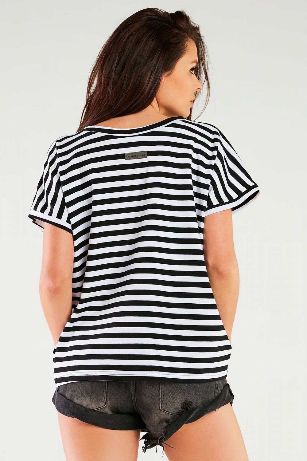 Sensational Cotton Blouse with V-Neckline for Elegant Style - Made in Poland by Infinite You, captured from behind to emphasize the stylish striped design and brand detailing on the back.