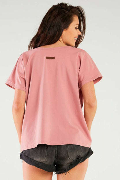 Elegant cotton blouse with V-neckline showcased on a model from the back, in a sophisticated dusty pink shade, designed for a luxurious style - Made in Poland by Infinite You.