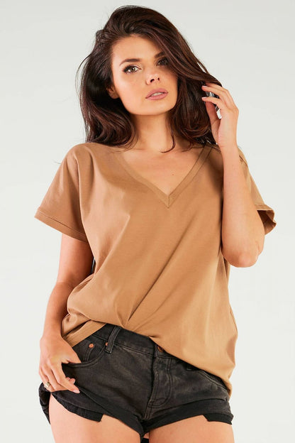 Chic cotton blouse featuring a flattering V-neckline, elegantly worn in a rich caramel hue, perfect for sophisticated dress - Made in Poland by Infinite You.