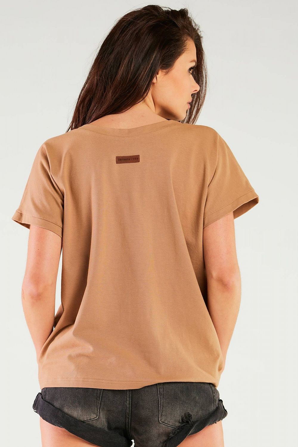 Trendy cotton blouse, showcasing a V-neckline in a classic caramel tone, designed for a refined wardrobe - Made in Poland by Infinite You.