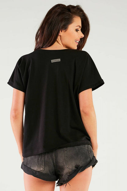 Stylish back view of the black cotton blouse with V-neckline, highlighting its elegant design and branding, from the Sensational Cotton Blouse collection by Infinite You, made in Poland.