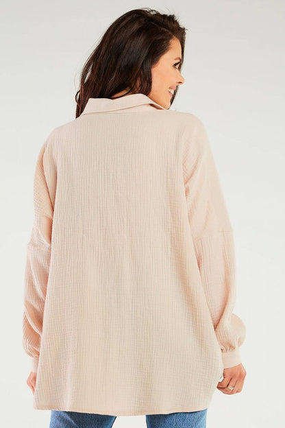 Elegant Oversized Long Sleeve Shirt with Adjustable Neckline by Infinite You, depicting the model from behind, demonstrating the shirt's flattering back design and luxurious feel, perfect for any occasion.