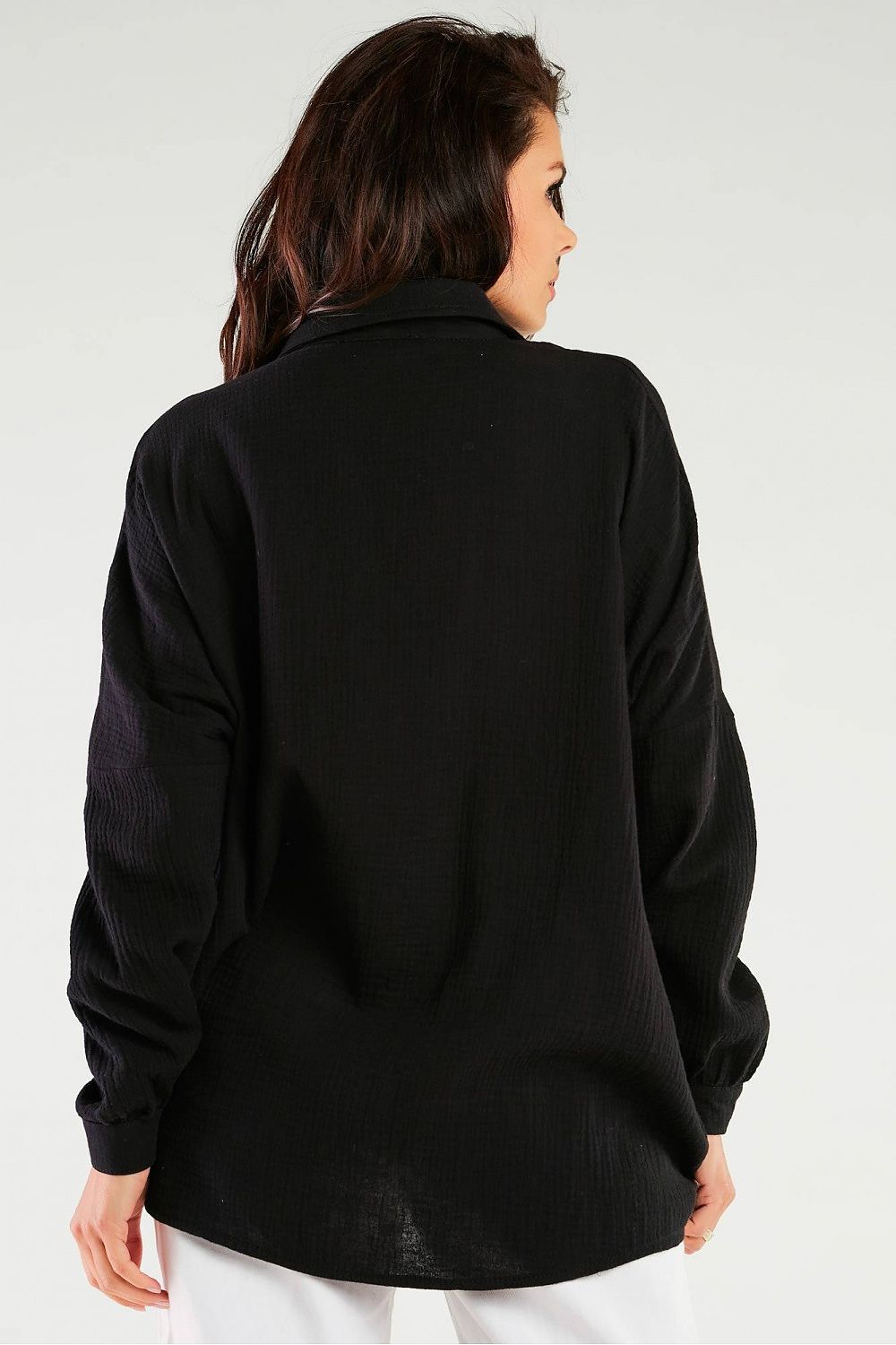 Elegant Oversized Long Sleeve Shirt with Adjustable Neckline by Infinite You, captured from the back on a model wearing a black shirt, demonstrating its elegant flow.
