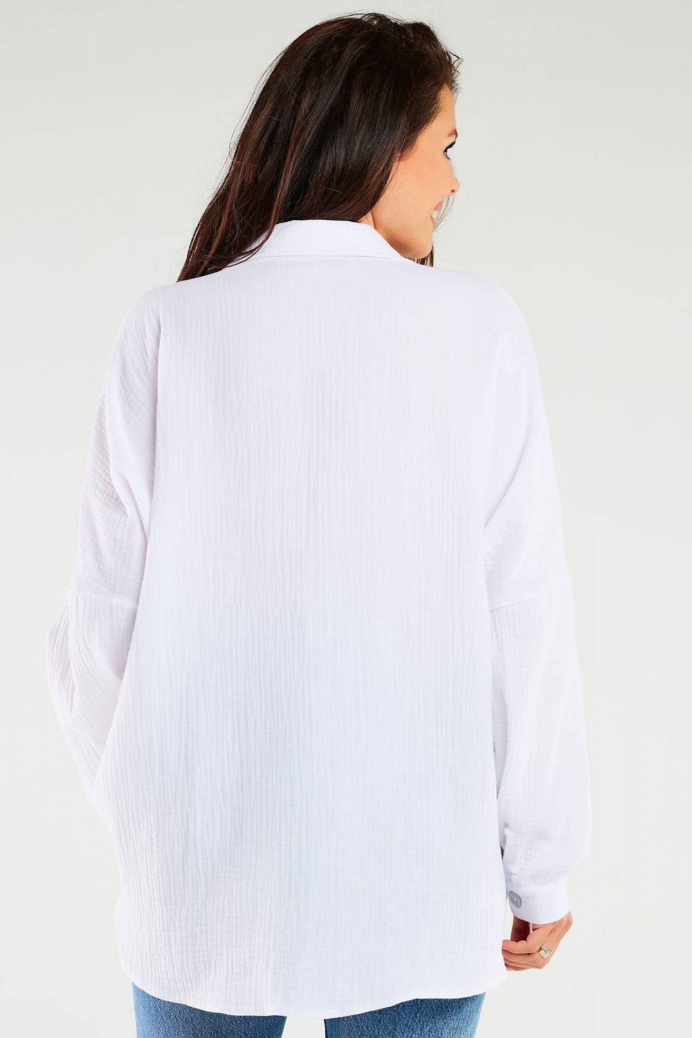 Elegant oversized long sleeve shirt by Infinite You, showcasing the back view with a relaxed fit and adjustable neckline, perfect for a chic and comfortable look.