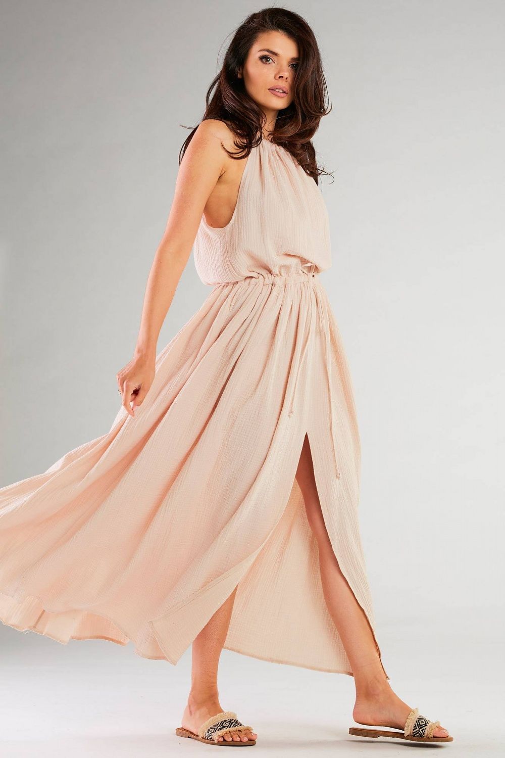 Infinite You Daydress With Side Slits in soft blush hue, showcasing its elegant design with sensual side slits, perfect for urban and holiday styling.