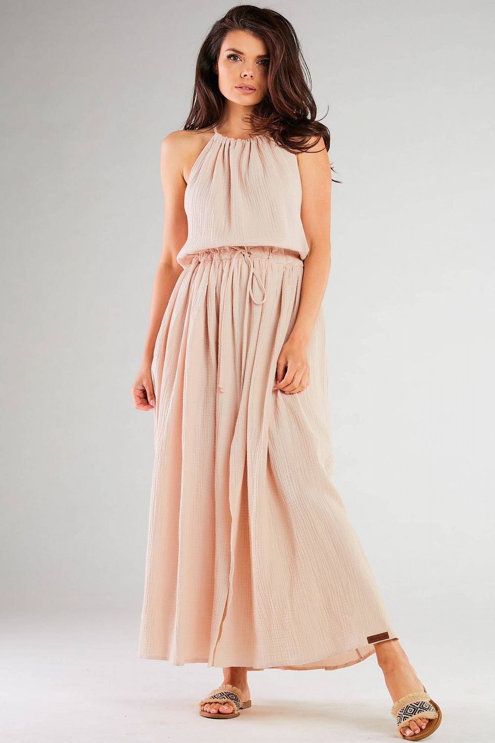 Infinite You Daydress With Side Slits in a chic beige tone, featuring a drawstring waist and flowing silhouette, ideal for both urban and holiday occasions.