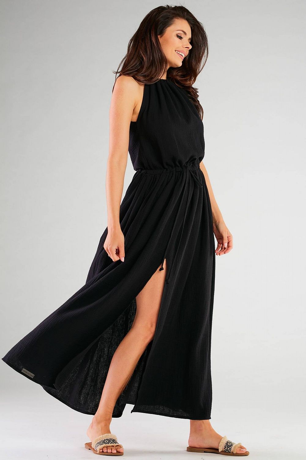Elegant Infinite You Daydress with Side Slits in black, showcasing a flowing silhouette and refined cotton-lycra blend, perfect for urban and holiday occasions.