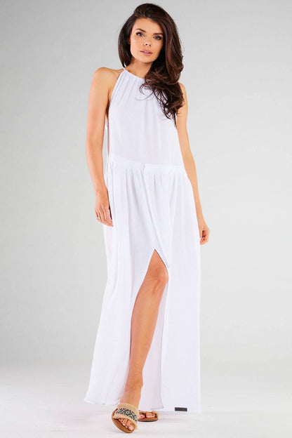 Stunning Infinite You Daydress with Side Slits in white, highlighting its graceful flow and premium cotton-lycra blend, ideal for upscale summer outings.