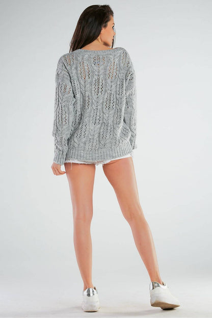 Openwork Sweater by Awama with Boat Neckline and Long Sleeves - Elegant Knit Design showcasing the back view on a model wearing casual shorts, embodying sophistication.