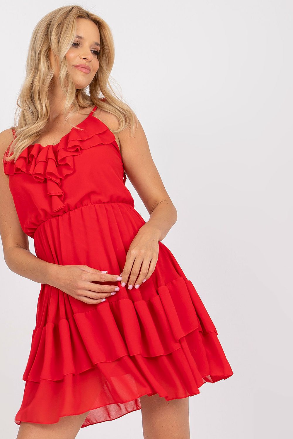 Elegant Summer Dress with Frilled Neckline and Straps by Och Bella - Flared Design, model in a vibrant red summer dress with frills, embodying luxury and charm.