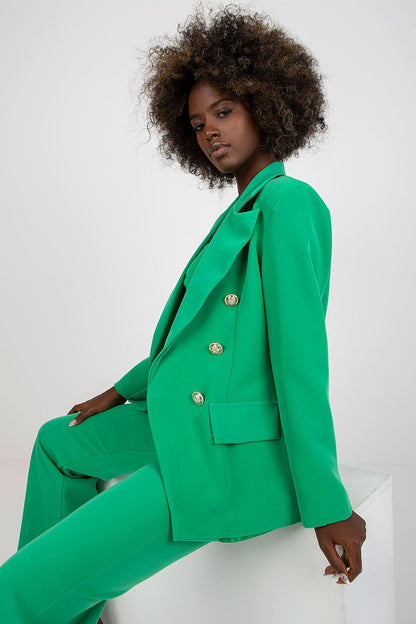Stylish Ladies' Jacket by Italy Moda in vibrant green, styled on a model with side profile, highlighting its luxurious design and button embellishments.