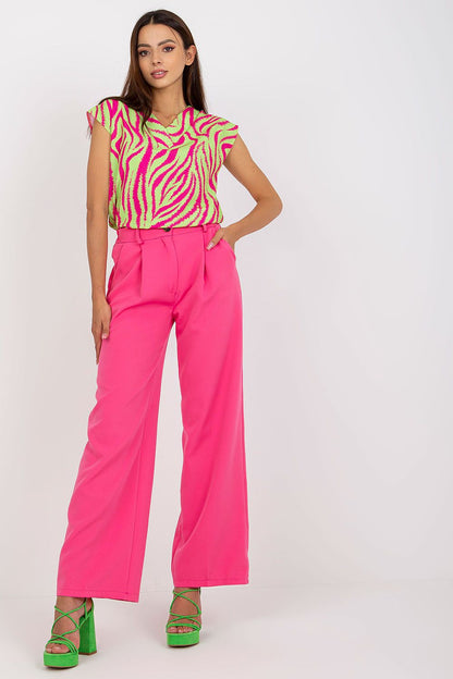Luxury Women’s Italy Moda Trousers - High Rise Fabric Pants with Zip and Button Fastening, styled with a bold pink top, exuding a fashionable and confident look.