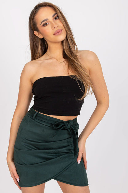 Chic model showcasing the Luxurious Asymmetrical Short Skirt with Tie Belt by Italy Moda, paired with a stylish black crop top.