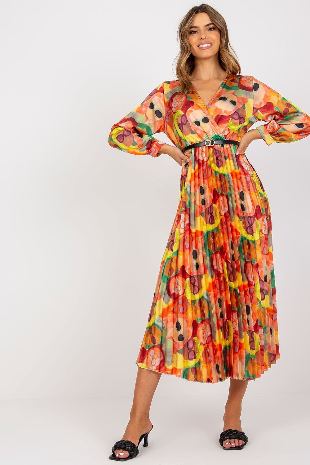 Long Sleeve Pleated Daydress with Envelope Neckline by Italy Moda, featuring an elegant design with colourful patterns, perfect for versatile style and various occasions.