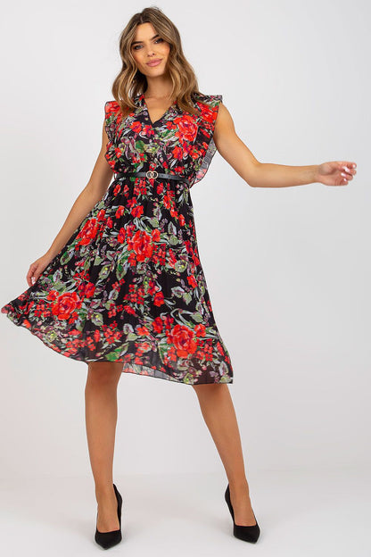Pleated Summer Dress With Frill Sleeves, Heart Neckline & Flared Cut by Italy Moda - Stunning model in floral black dress with frill sleeves and elegant floral patterns.