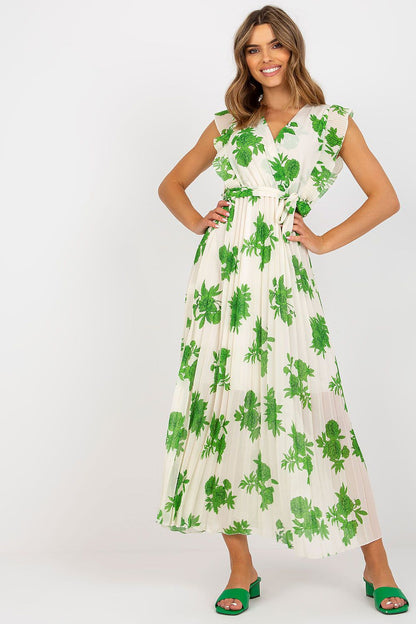 Elegant Long Summer Dress With Frilled Sleeves And Pleated Hem by Italy Moda, showcasing a fresh green floral print that complements the flowing design ideal for summer outings.