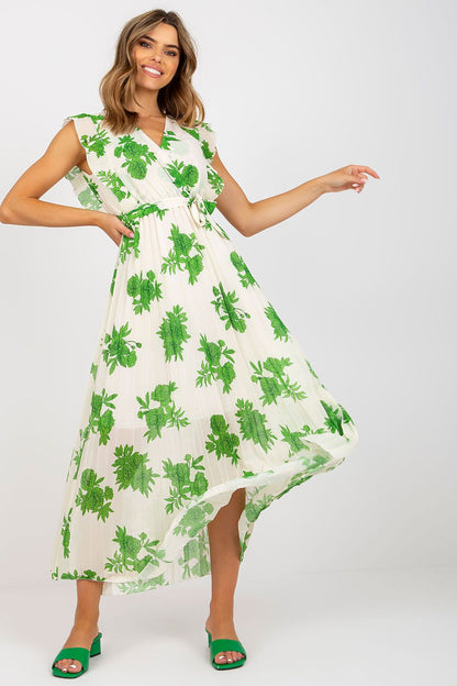Elegant Long Summer Dress With Frilled Sleeves And Pleated Hem by Italy Moda, capturing the essence of summer elegance with an eye-catching floral print and flattering silhouette.
