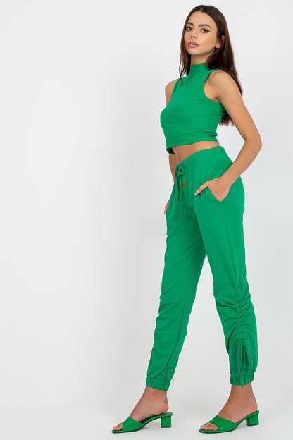 Luxury High Rise Sweatpants With Tie Waist And Slip-On Pockets - Cotton Blend Comfortable Trousers, model displaying a chic look in bright green, complementing the trendy sweatpants.