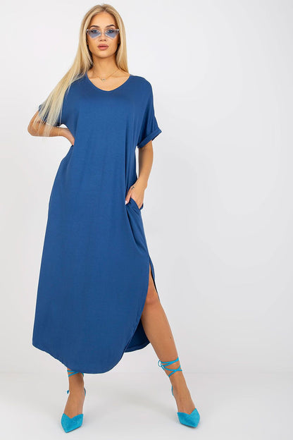 Luxury Short-Sleeved Daydress by Och Bella with Pockets and Stylish Slits, featuring a chic blue design and paired with elegant accessories.