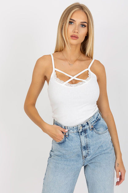 Luxe Ribbed Cotton Blend T-Shirt with Lace Trim and Decorative Stripes by Och Bella, featuring a model in a stylish white tank top with lace trim, paired with high-waisted denim jeans for a chic look.