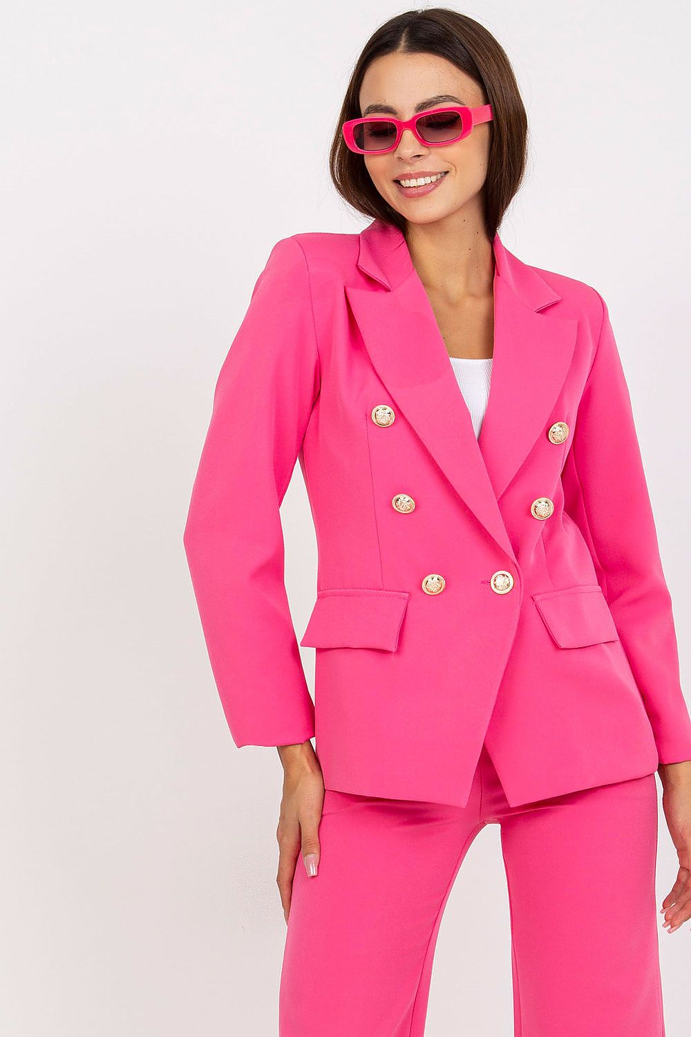 Stylish Ladies' Jacket by Italy Moda in vibrant pink with double-breasted design, gold buttons and stunning sunglasses for a chic look.