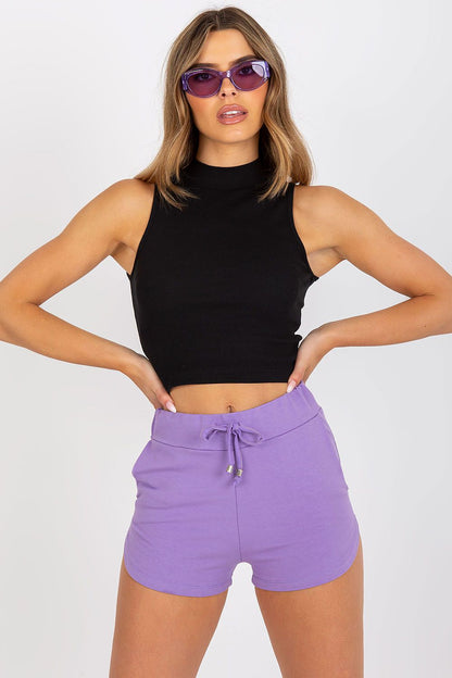 Elegant Ribbed Fabric Half-Zip Top by BFG in classic black, featuring a chic design complemented by vibrant purple shorts, embodying luxury casual fashion in EU sizes S-L.