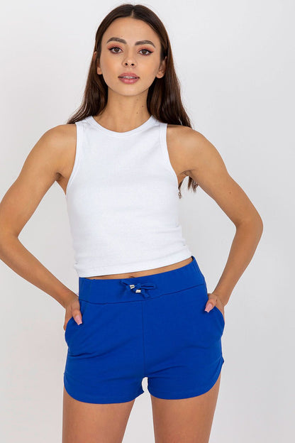 High-Waisted Cotton Spandex Sweatshorts with Drawstring and Slip-On Pockets - BFG model wears a white tank top and blue sweatshorts, showcasing an elegant casual style.