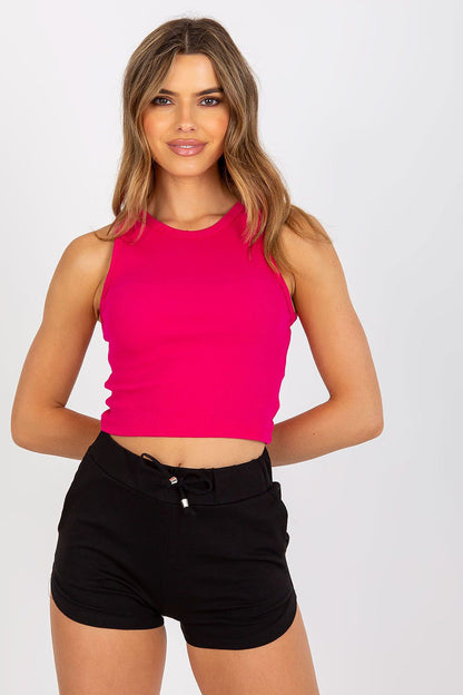 BFG Classic Ribbed T-Shirt - Black, elegant cotton and spandex blend, round neckline, stylish fit showcased on a model wearing striking pink top and black shorts.