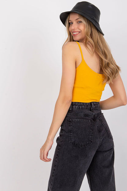 Luxurious Cotton Spandex Strapless Shirt with Round Neckline - Model displays the back view of the yellow strapless shirt, styled with high-waisted jeans, ideal for elegant casual looks.