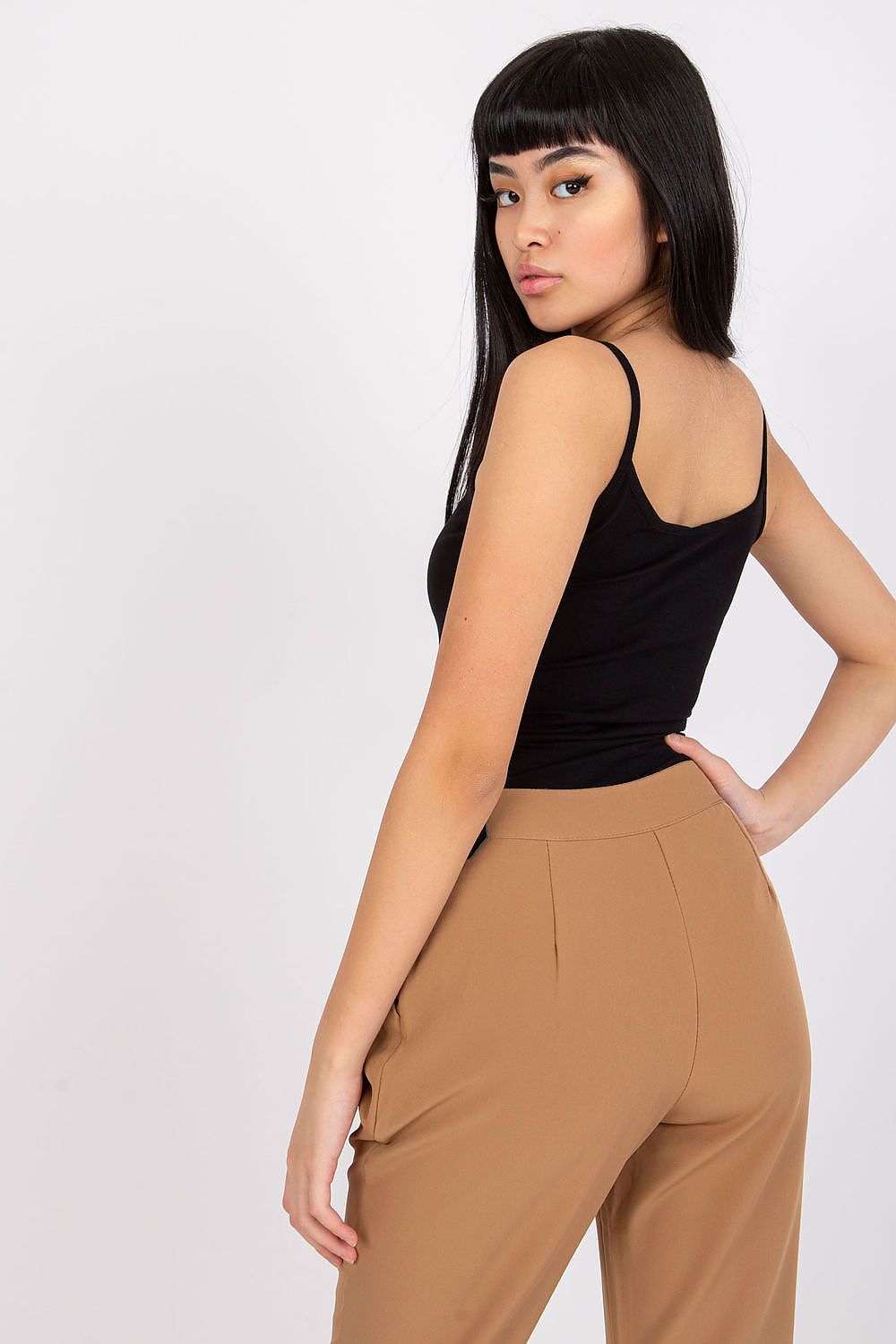 Side view of the Luxurious Cotton Spandex Strapless Shirt with Round Neckline on a model, emphasizing the elegance and comfort suitable for multiple occasions.