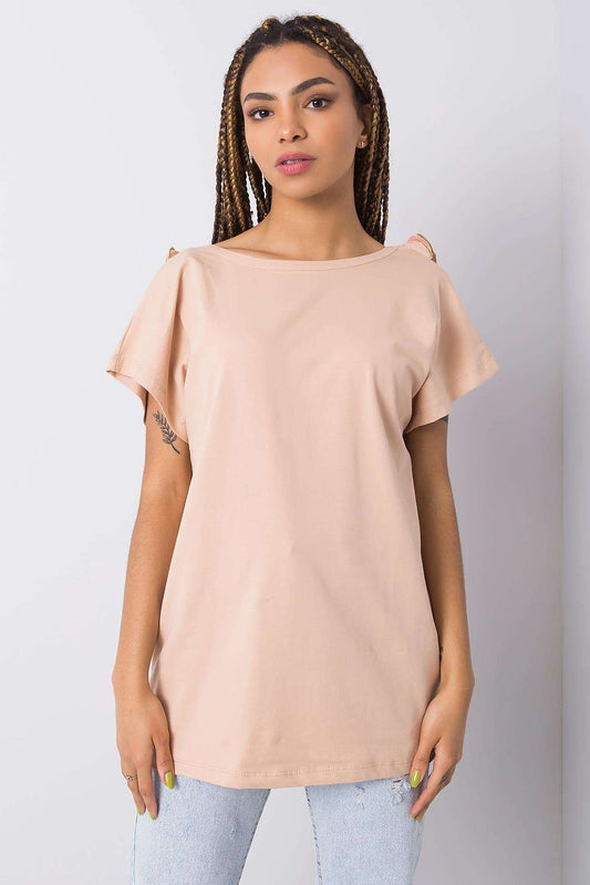Elegant short sleeve blouse with frill trimmed deep cut-out in delicate peach colour, made from cotton-lycra blend, model showcasing relaxed fit, EU Size 0.