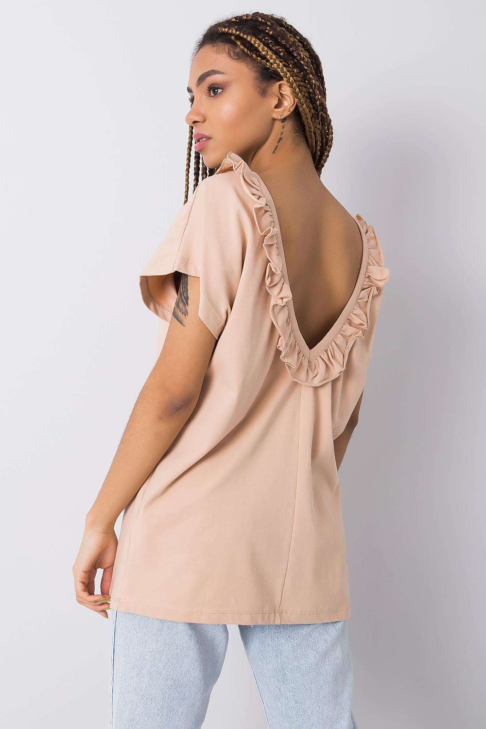 Back view of elegant short sleeve blouse with frill trimmed deep cut-out, highlighting the unique design and luxurious peach colour, model displaying the garment in EU Size 0.