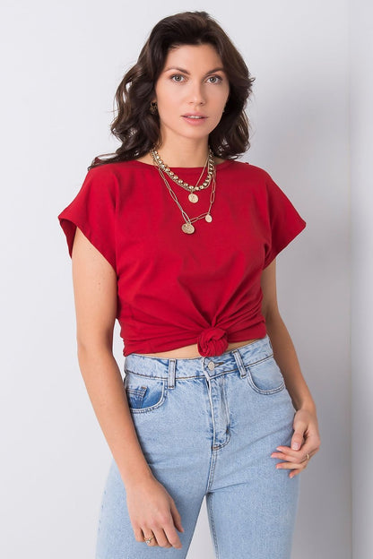Elegant Short Sleeve Blouse With Frill Trimmed Deep Cut-Out, Cotton-Lycra Blend, EU Size 0, featured in a luxurious red hue, styled with layered gold necklaces and paired with high-waisted denim jeans.