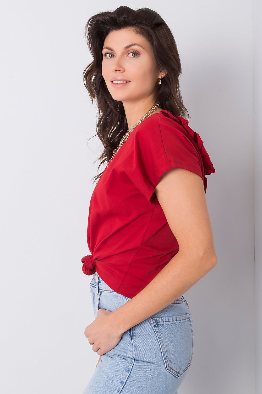 Elegant Short Sleeve Blouse With Frill Trimmed Deep Cut-Out, Cotton-Lycra Blend, EU Size 0, showcasing a side view in a striking red, highlighting the chic tie detail at the waist.