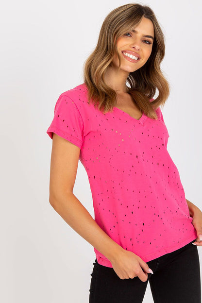 Luxurious Openwork Summer T-Shirt showcasing a vibrant pink colour and an elegant openwork design, featuring a stylish v-neck, perfect for warm days and chic outings.