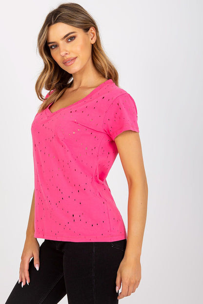 Luxurious Openwork Summer T-Shirt displayed in a striking pink hue, highlighting its sophisticated openwork fabric and flattering fit, ideal for summer fashion.