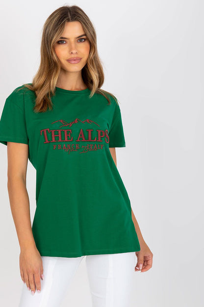 Stylish Cotton Blend T-Shirt with Embroidered Design - EU Size 0, showcasing a model wearing a green t-shirt with 'THE ALPS' embroidery, epitomising luxury casual fashion.