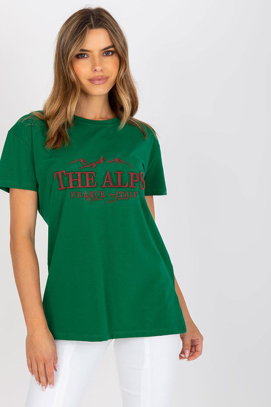 Stylish Cotton Blend T-Shirt with Embroidered Design - EU Size 0, showcasing a model wearing a green t-shirt with 'THE ALPS' embroidery, epitomising luxury casual fashion.