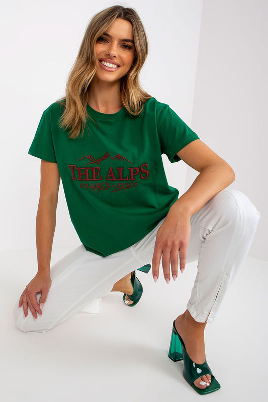 Stylish Cotton Blend T-Shirt with Embroidered Design - EU Size 0, featuring a model displaying the green t-shirt with elegant embroidery and white trousers, perfect for chic everyday wear.