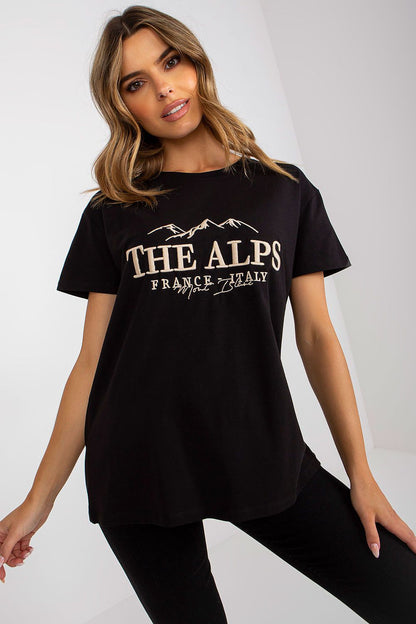 Stylish Cotton Blend T-Shirt with Embroidered Design featuring an elegant 'THE ALPS' motif, perfect for casual luxury, modelled by a woman in a chic black tee with embroidered detailing, EU Size 0, 68 cm Length, 114 cm Chest.