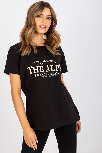 Stylish Cotton Blend T-Shirt with Embroidered Design showcasing 'THE ALPS', presented in a sophisticated black shirt, worn by a stylish model, embodying luxury casualwear, EU Size 0, 68 cm Length, 114 cm Chest.