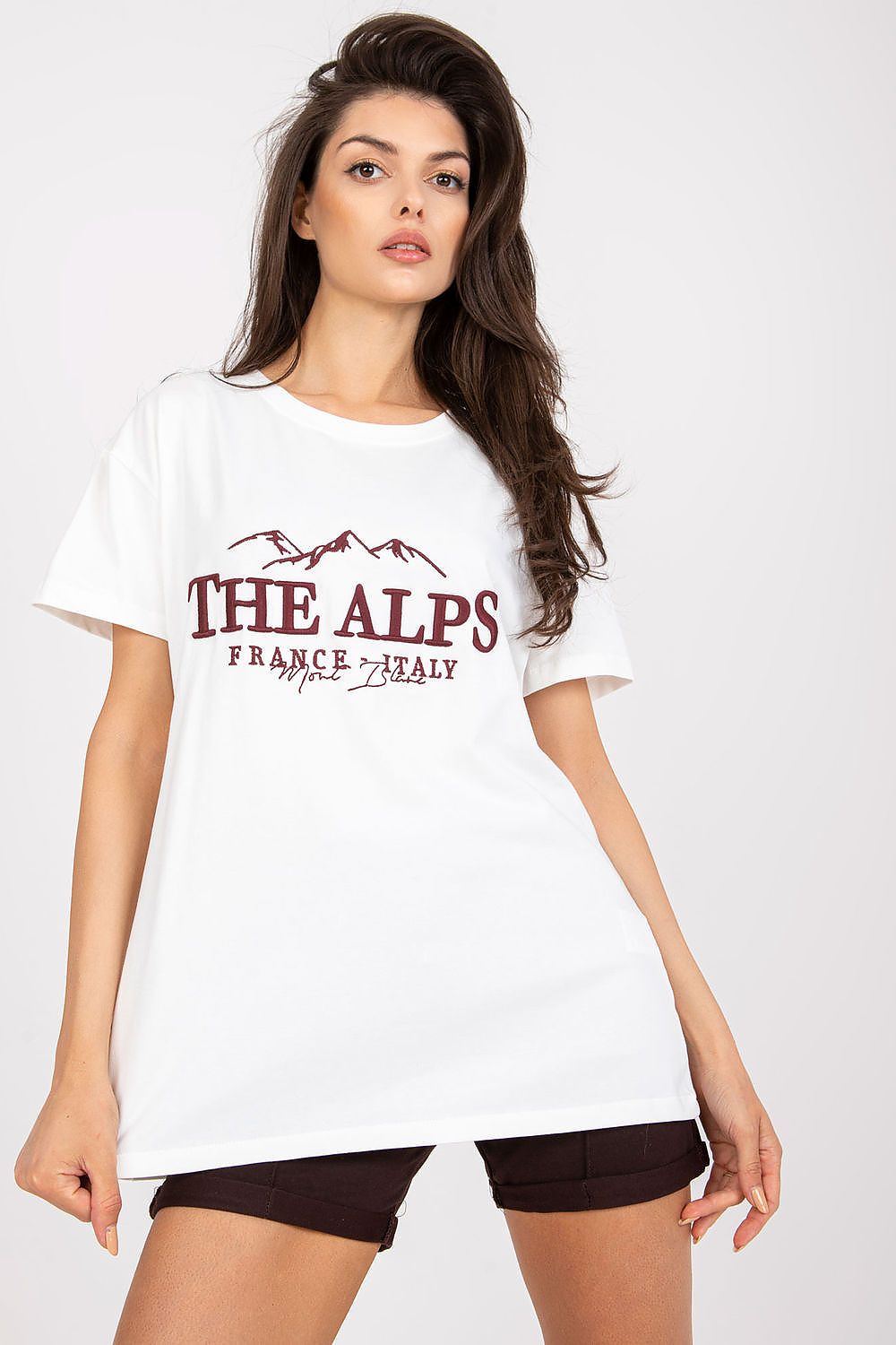 Stylish Cotton Blend T-Shirt with Embroidered Design in crisp white, featuring 'THE ALPS' embroidery, modelled by a woman exuding elegance, ideal for luxury casual aesthetics, EU Size 0, 68 cm Length, 114 cm Chest.