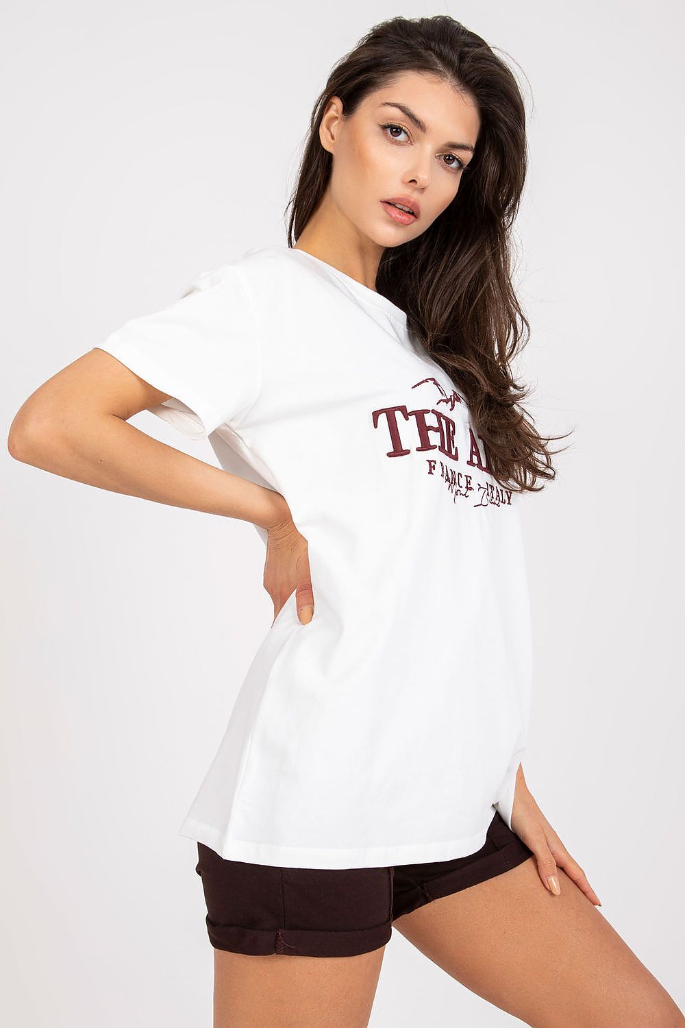 Stylish Cotton Blend T-Shirt with Embroidered Design offered in white, featuring 'THE ALPS' embroidery presented by a chic model, perfect for luxurious casual outfits, EU Size 0, 68 cm Length, 114 cm Chest.